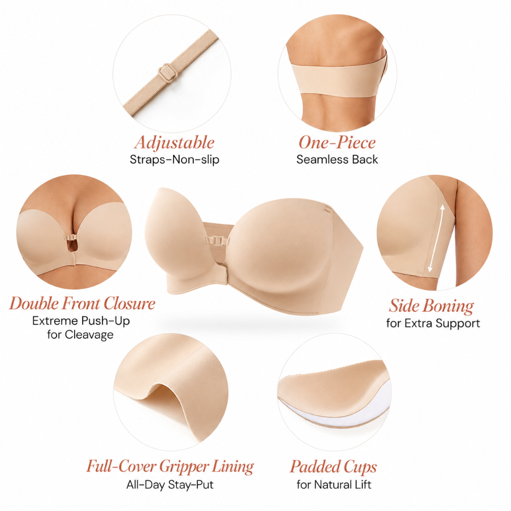 Double front closure, side boning, gripper lining, padded cups, adjustable straps, one-piece seamless back