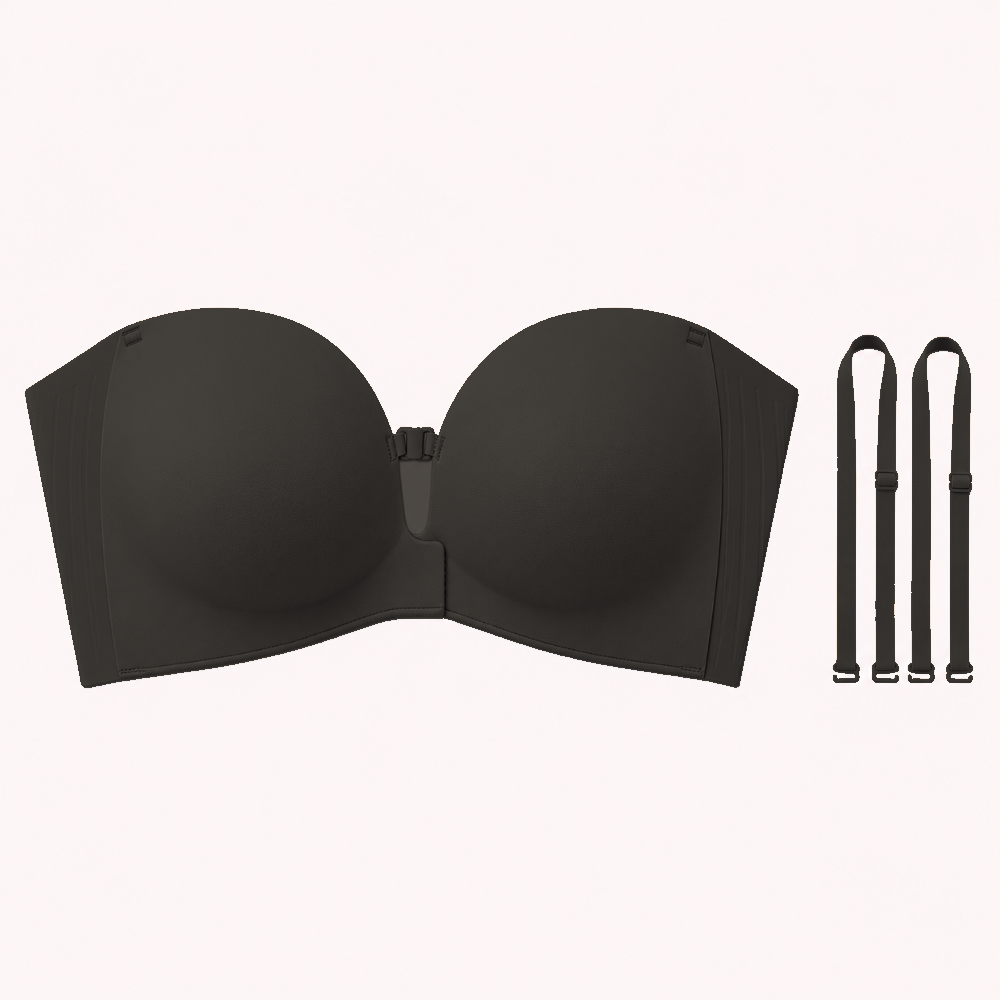 Black bra shown flat with detachable straps