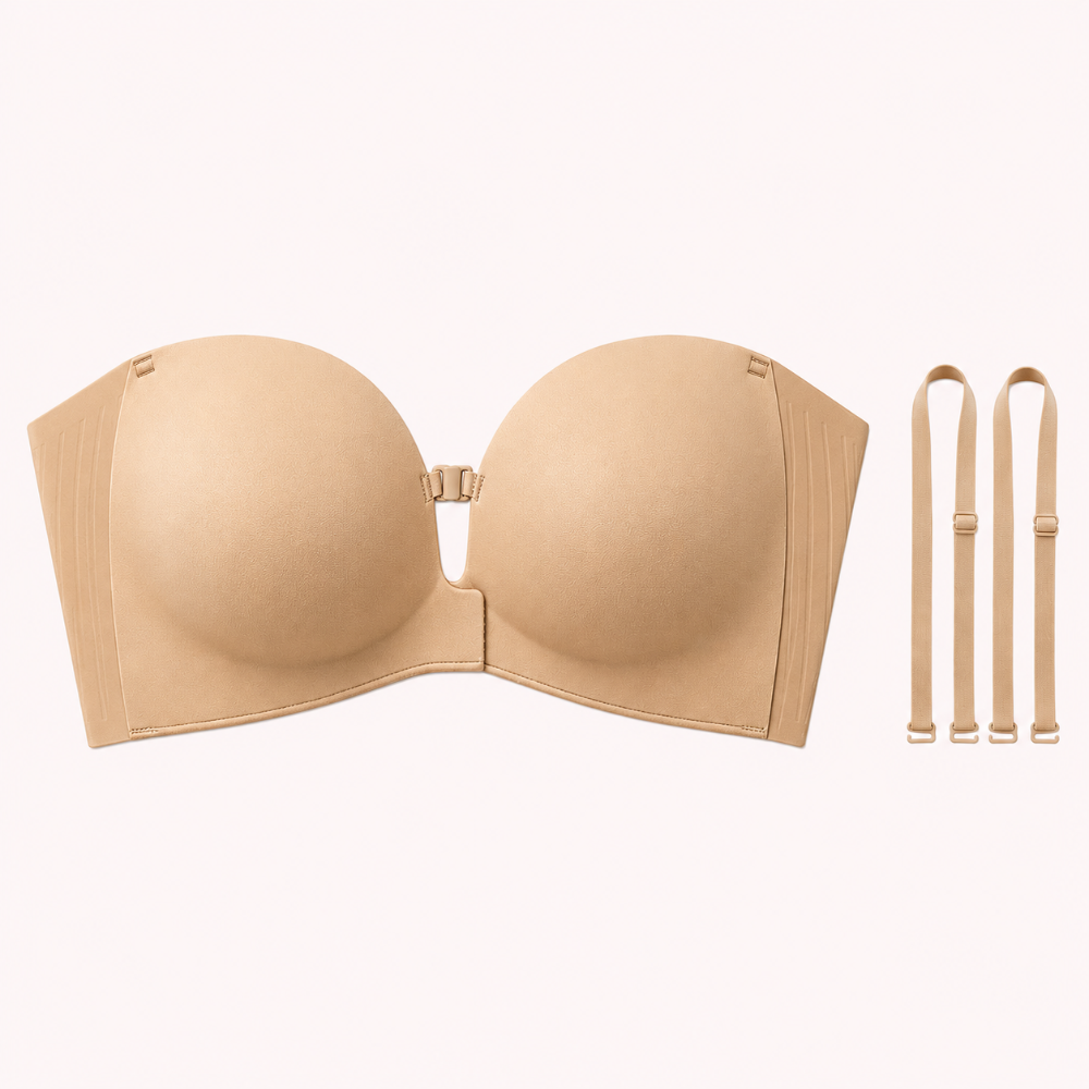 Nude bra shown flat with detachable straps
